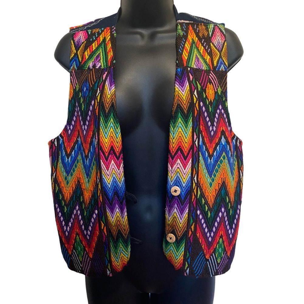Vintage Colorful Woven Southwestern Two Button Vest Sz M - Picture 2 of 12
